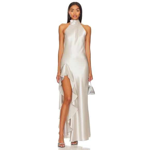 Milly Roux Hammered Satin Dress Halter Neck Ruched Ruffle Side Slit Silver Sz 8 - Picture 2 of 16